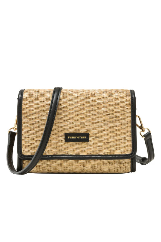 Every Other Straw Flap Over Crossbody Black