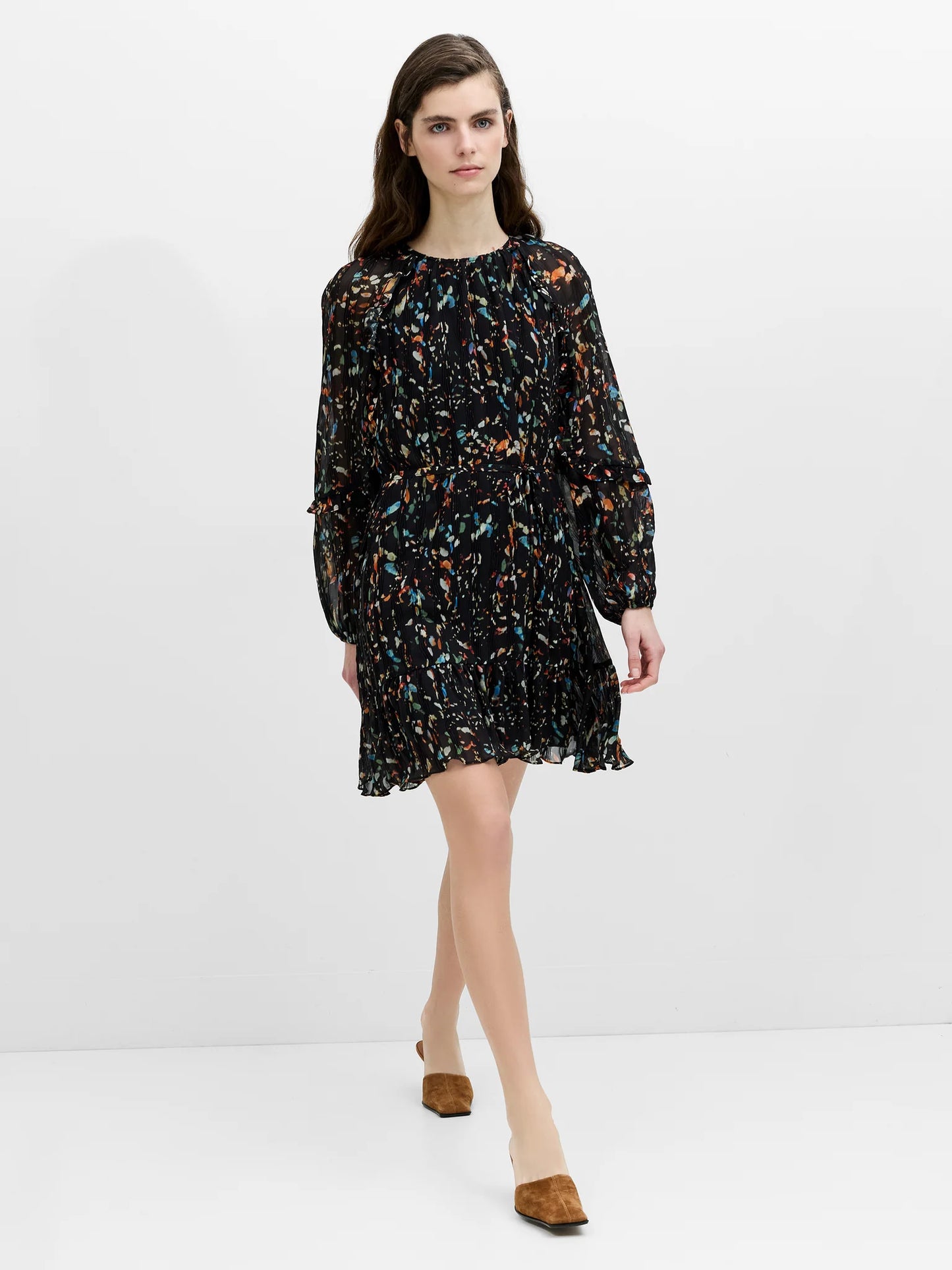French Connection Kylie Black Abstract Printed Ruffle Mini Dress