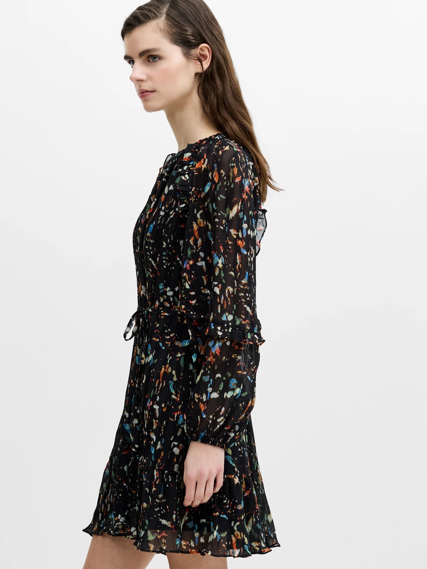 French Connection Kylie Black Abstract Printed Ruffle Mini Dress