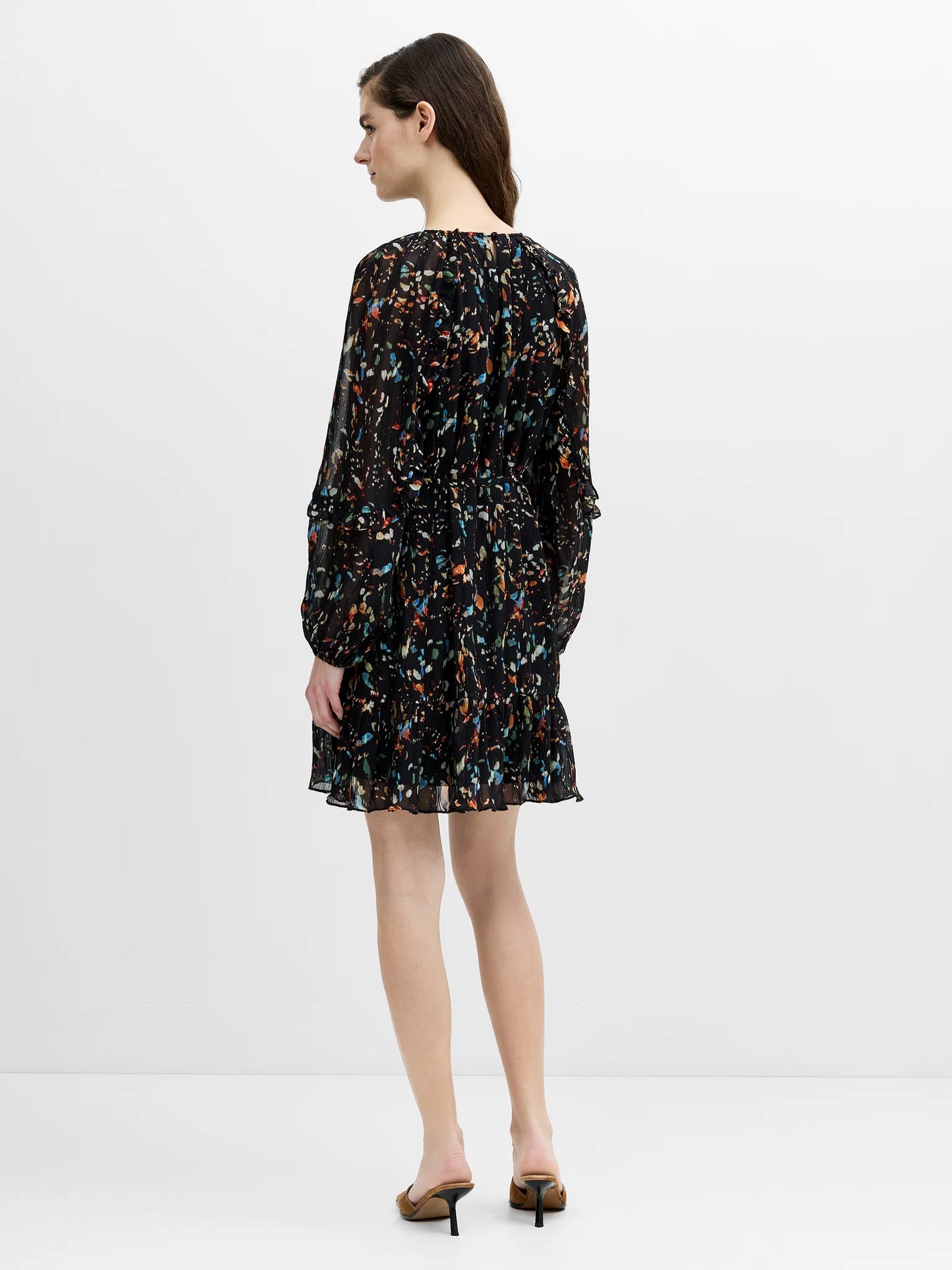 French Connection Kylie Black Abstract Printed Ruffle Mini Dress