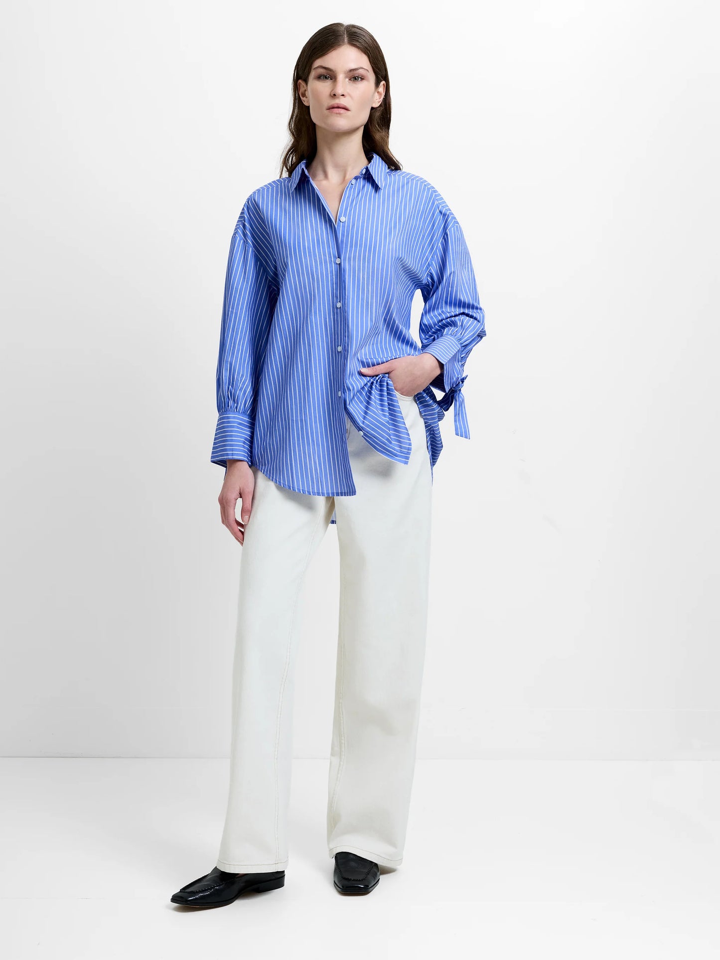 French Connection Cambria Cotton Striped Bow Detail Blue Shirt