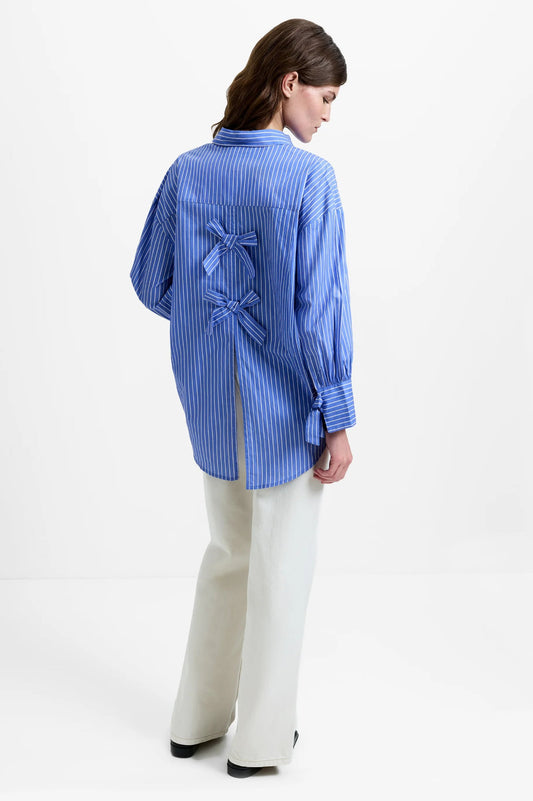 French Connection Cambria Cotton Striped Bow Detail Blue Shirt