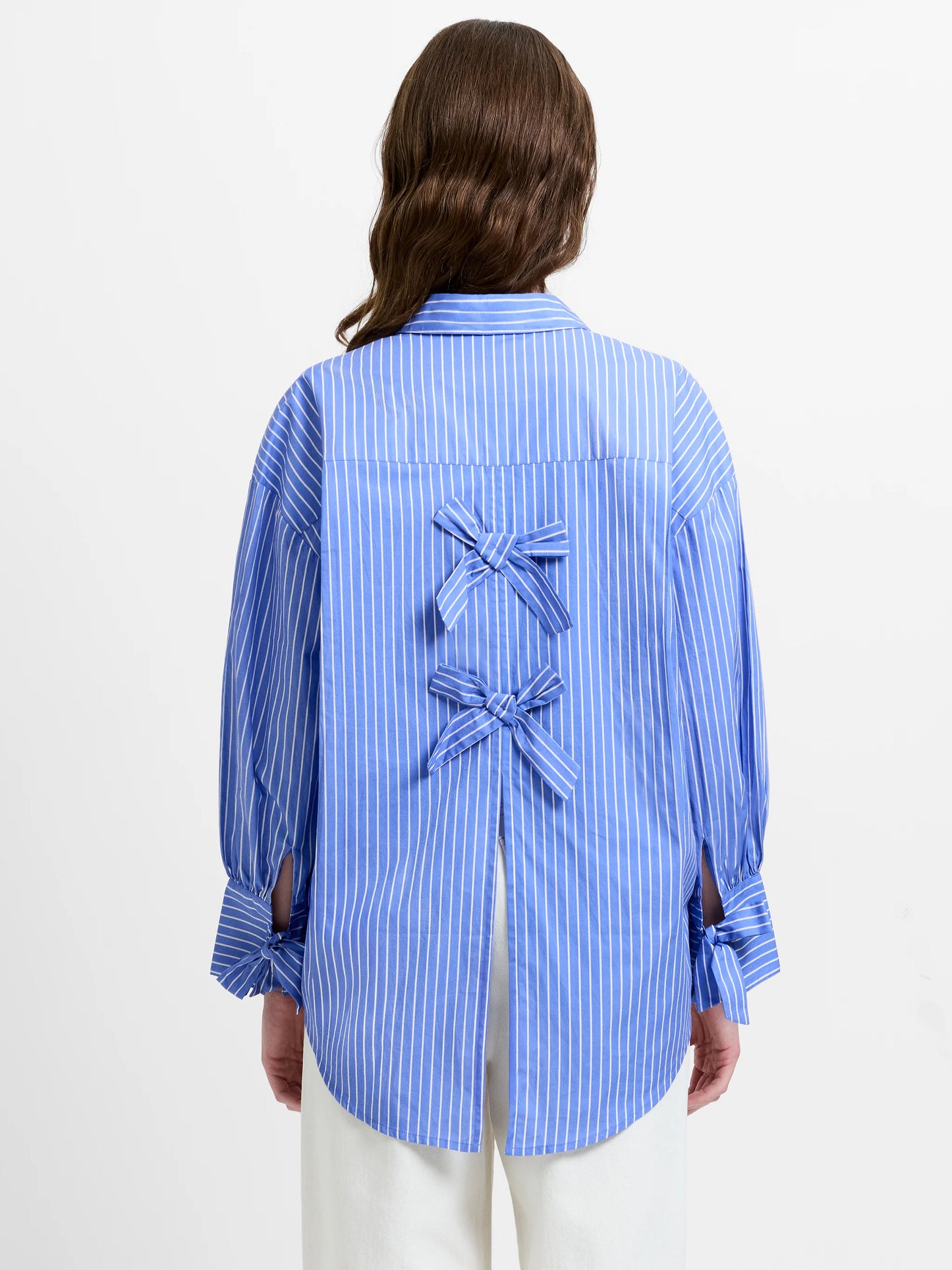 French Connection Cambria Cotton Striped Bow Detail Blue Shirt
