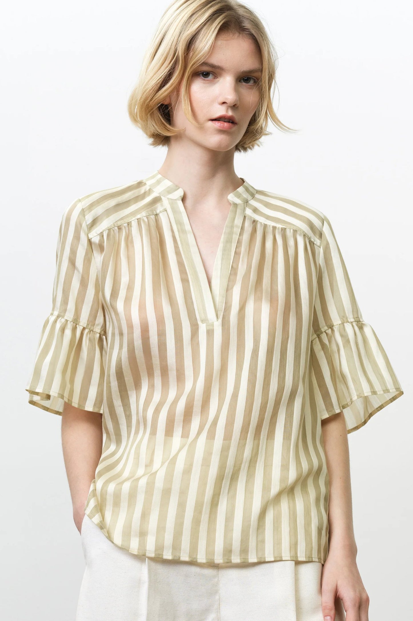 French Connection Adeline Relaxed Green Striped V Neck Top