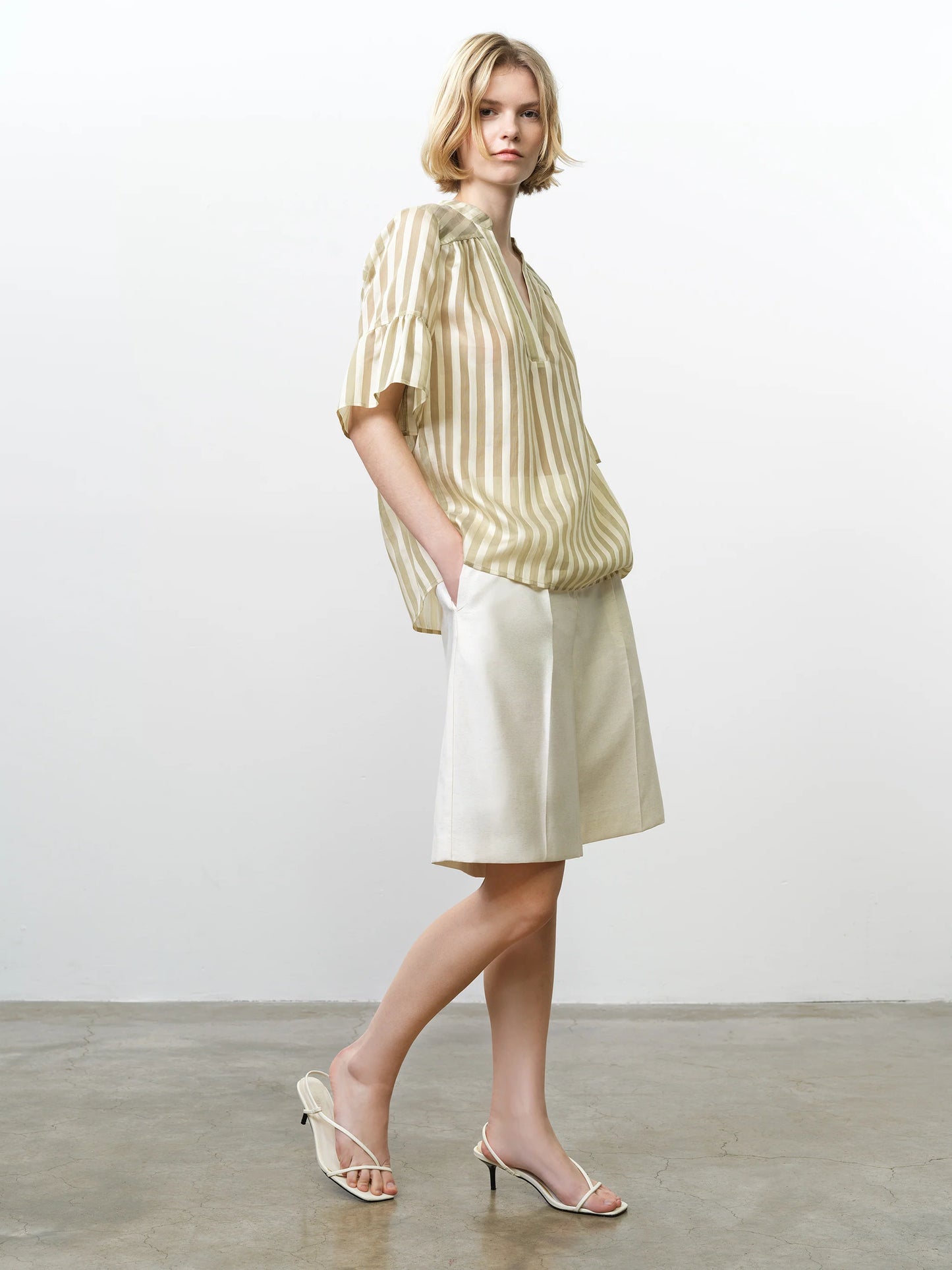 French Connection Adeline Relaxed Green Striped V Neck Top