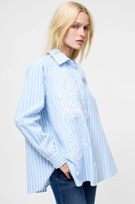 French Connection Cambria Cotton Embroidered Floral Stripe Shirt