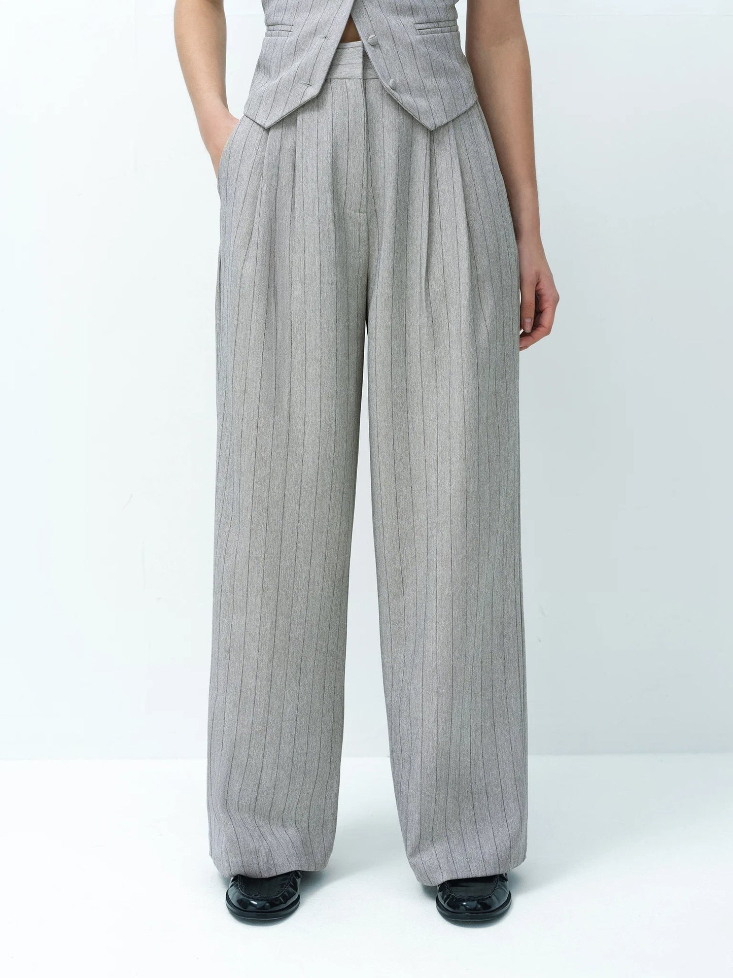 French Connection Enya Tailored Grey Pinstripe Wide Leg Trousers