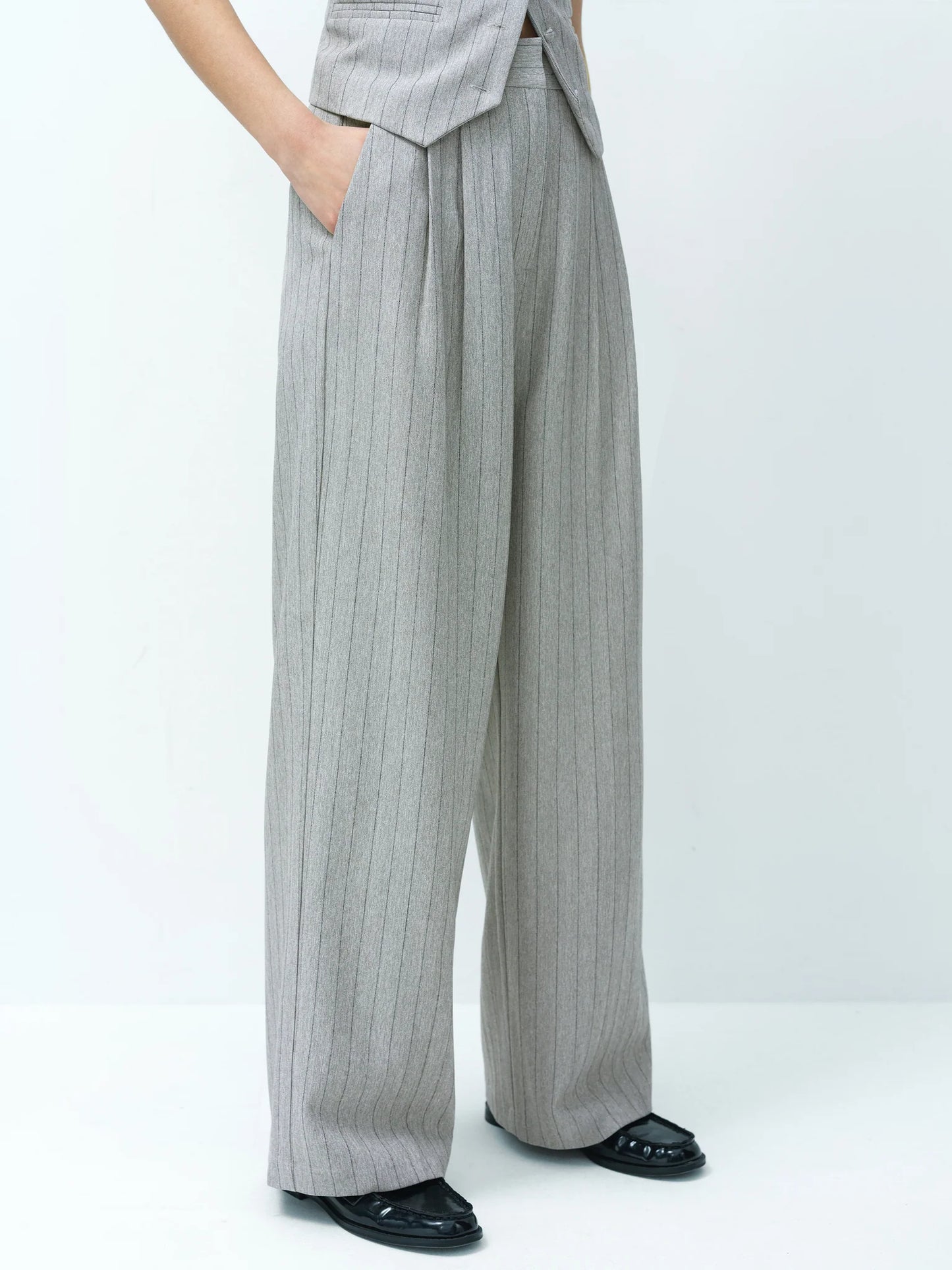 French Connection Enya Tailored Grey Pinstripe Wide Leg Trousers