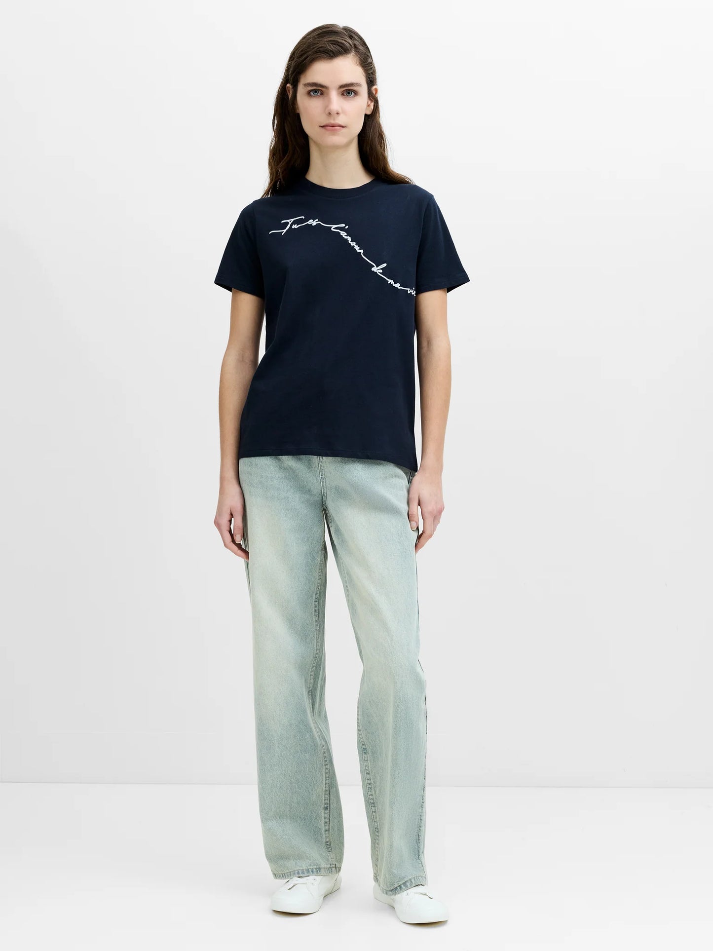 French Connection Love Of My Life Flocked Script Navy Blue Cotton T-Shirt