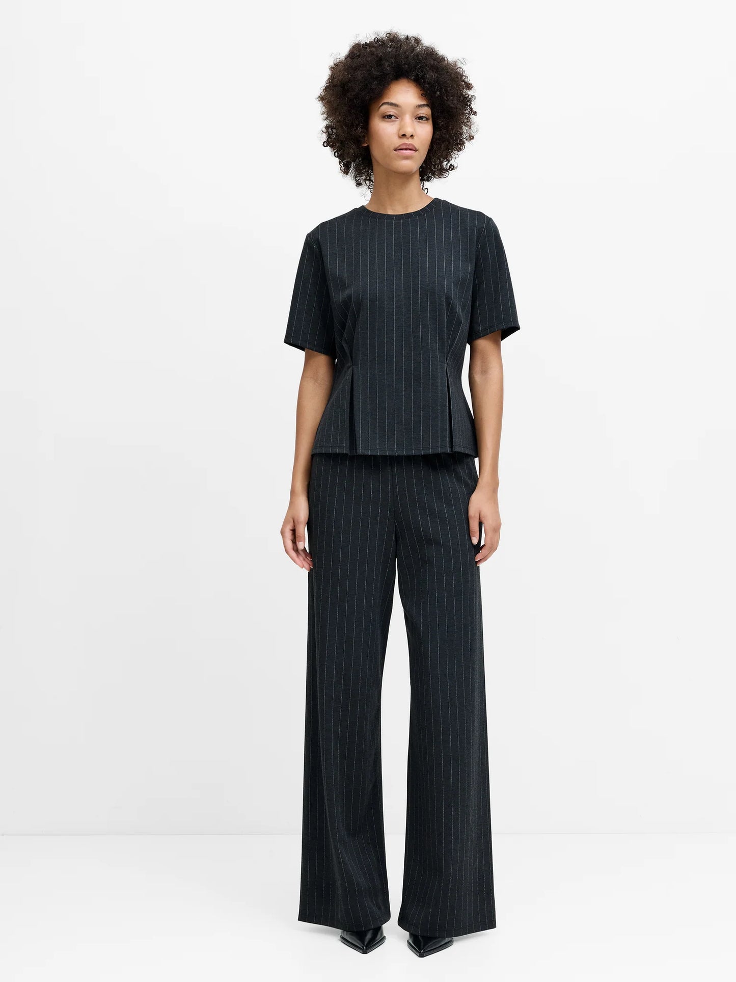 French Connection Sarai Grey Pinstripe Pleat Detail T-Shirt