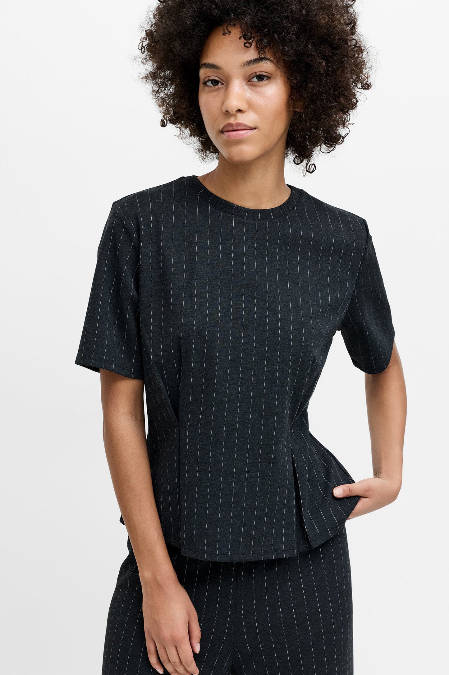 French Connection Sarai Grey Pinstripe Pleat Detail T-Shirt