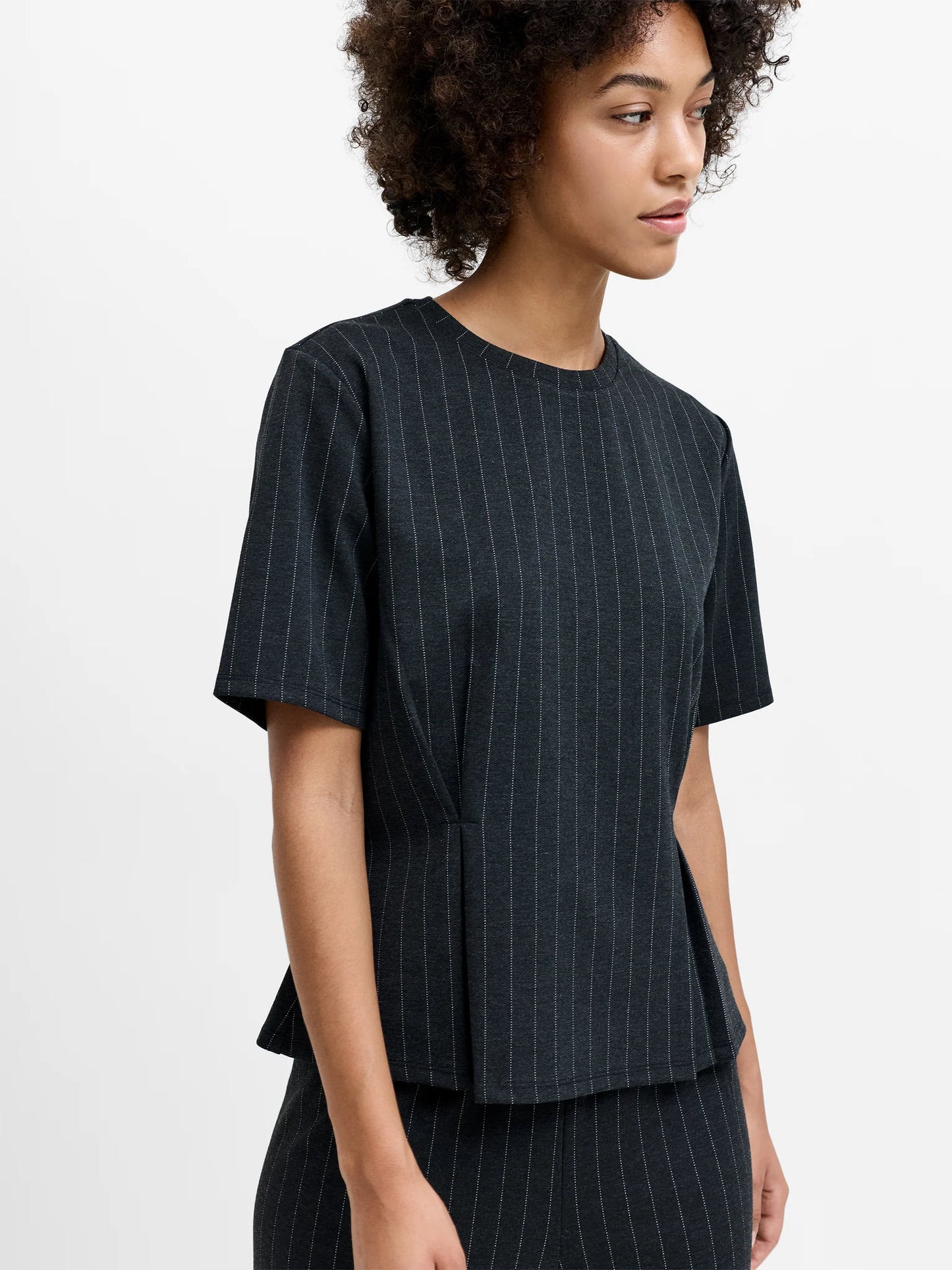 French Connection Sarai Grey Pinstripe Pleat Detail T-Shirt