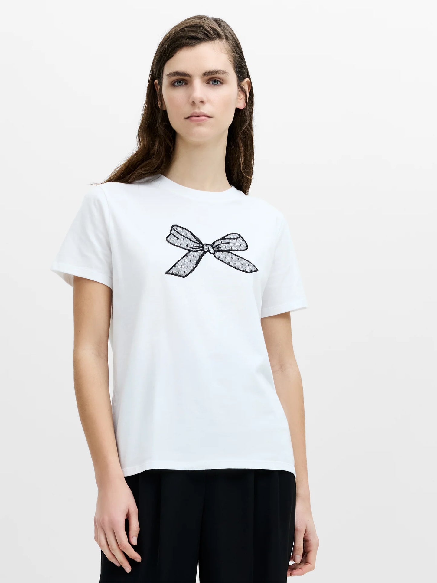 French Connection Mesh Bow White Cotton T-Shirt
