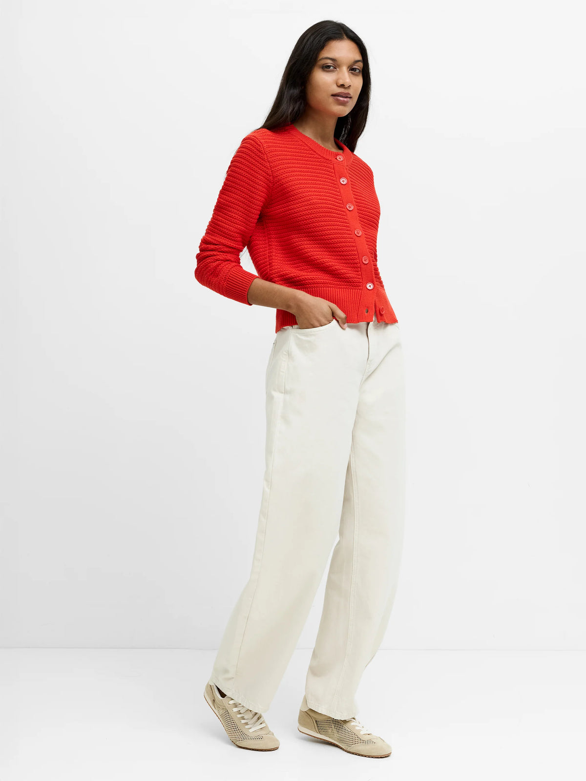 French Connection Lily Mozart Red Purl Knit Cardigan