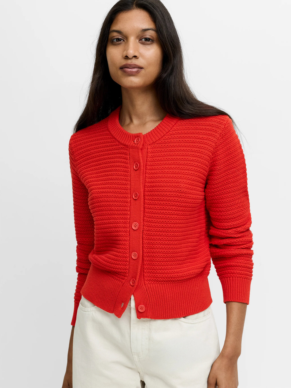 French Connection Lily Mozart Red Purl Knit Cardigan