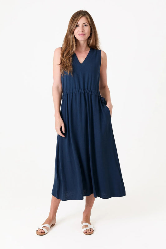Dreams London Linen Viscose Sleeveless V Neck Drawstring Waist Dress
