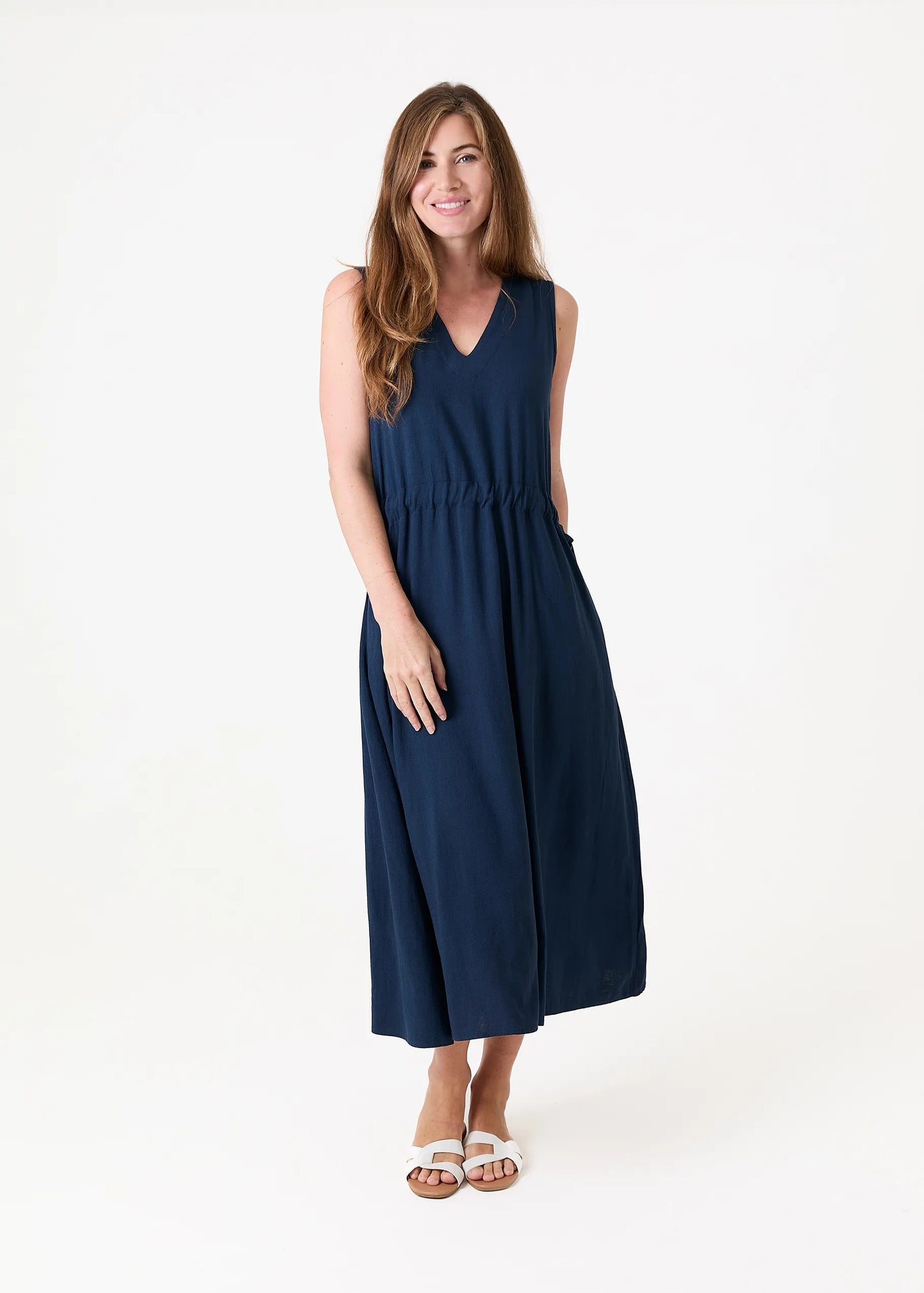 Dreams London Linen Viscose Sleeveless V Neck Drawstring Waist Dress