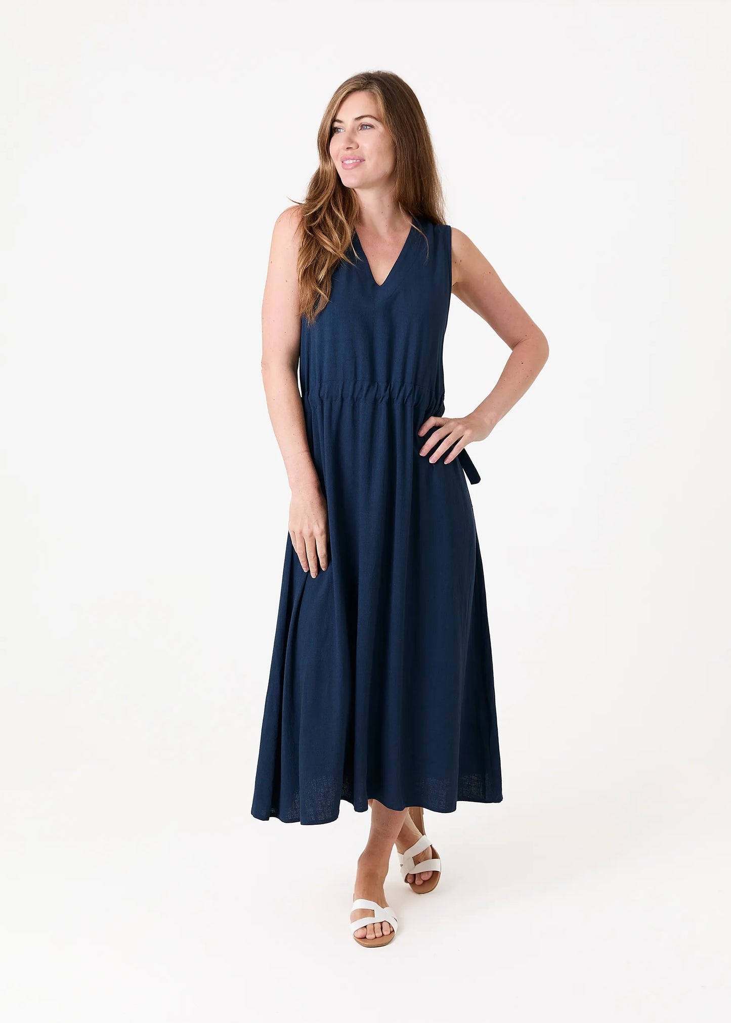 Dreams London Linen Viscose Sleeveless V Neck Drawstring Waist Dress