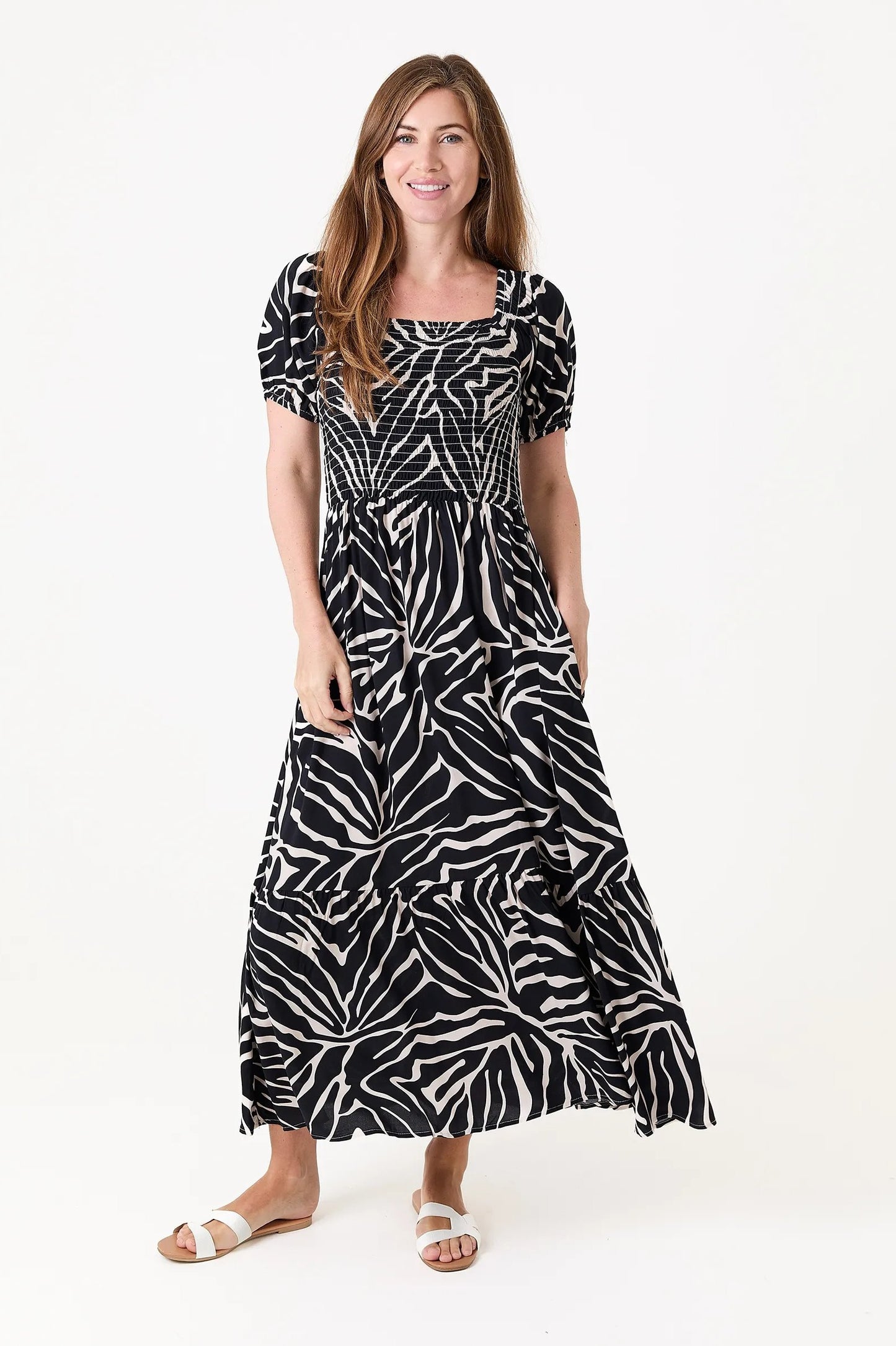 Dreams London Mono Zebra Shirred Bodice Maxi Dress