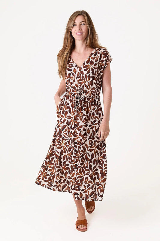 Dreams London Mottled Mono Floral v Neck Drawstring Waist Dress