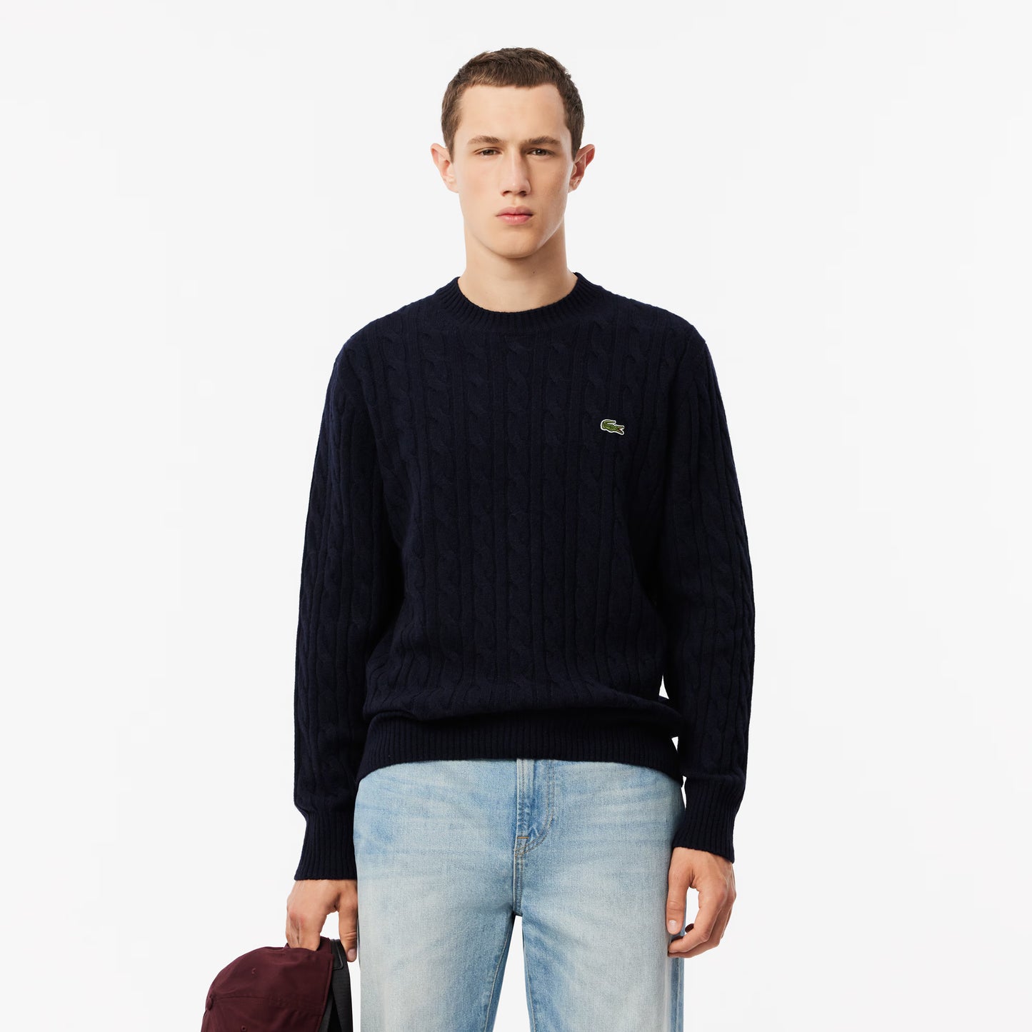 Lacoste Cable Knit Carded Wool Crew Neck Sweater