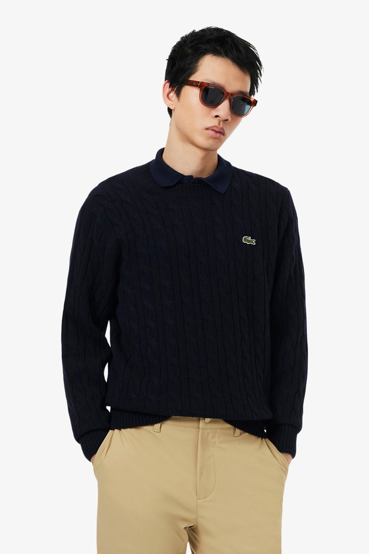 Lacoste Cable Knit Wool Crew Neck Sweater Blue