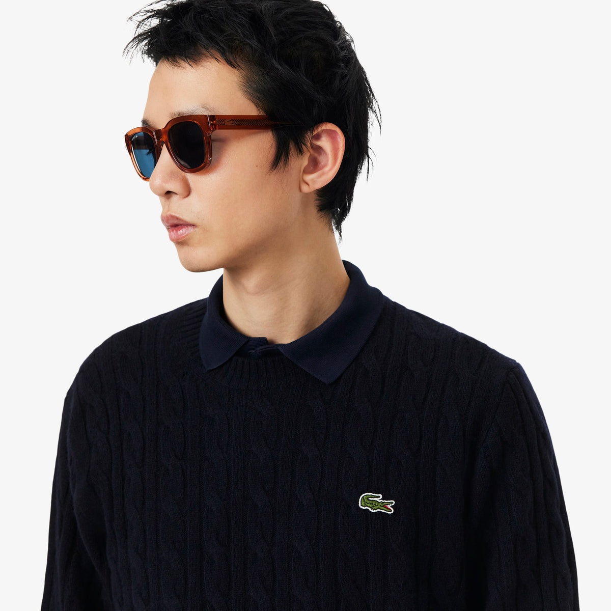 Lacoste Cable Knit Wool Crew Neck Sweater Blue