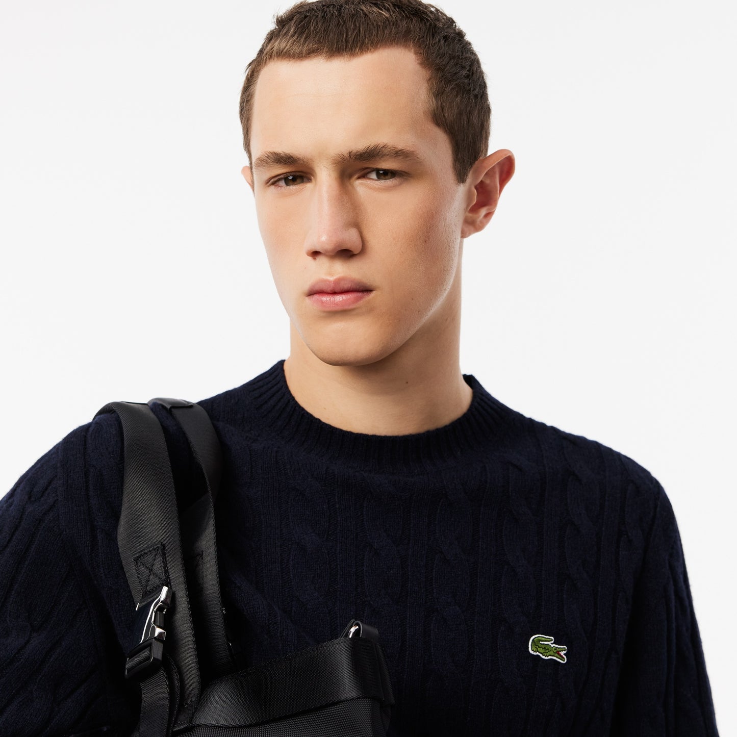 Lacoste Cable Knit Carded Wool Crew Neck Sweater