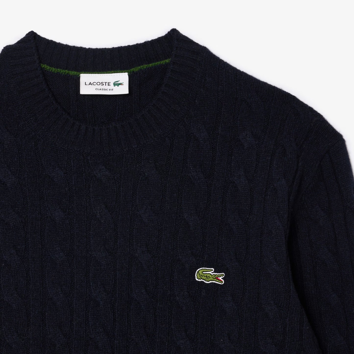 Lacoste Cable Knit Carded Wool Crew Neck Sweater