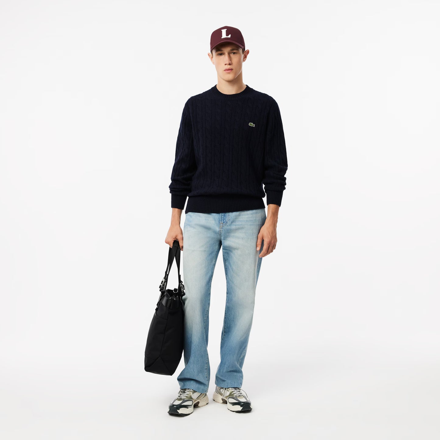 Lacoste Cable Knit Carded Wool Crew Neck Sweater