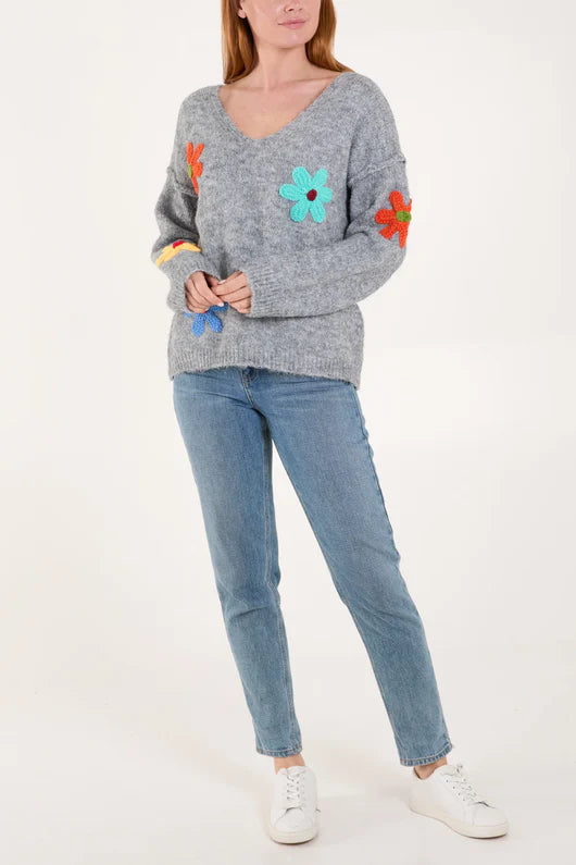 Nova of London Colourful Flower Knit Round Neck Jumper