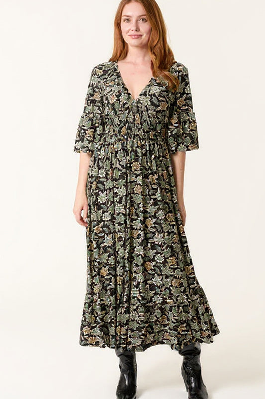 Nova of London Leaf Print V-Neck Stretch Dress