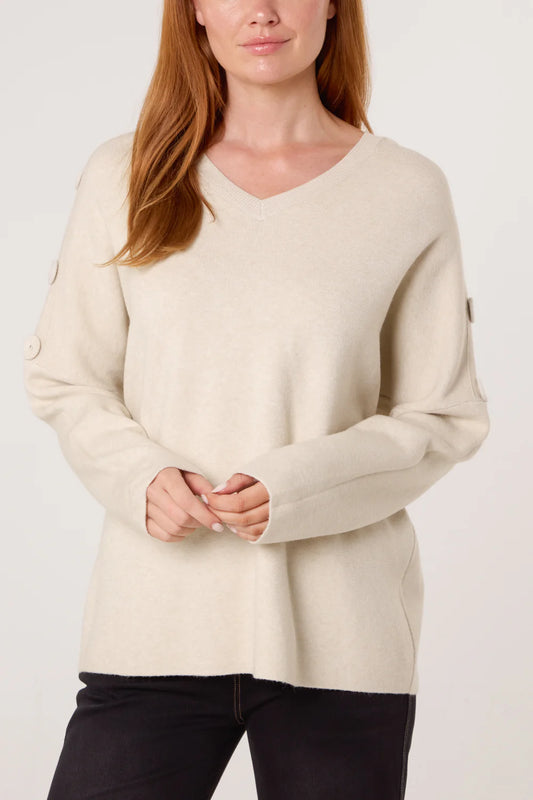 Nova of London V-Neck Button Sleeve Knit Jumper