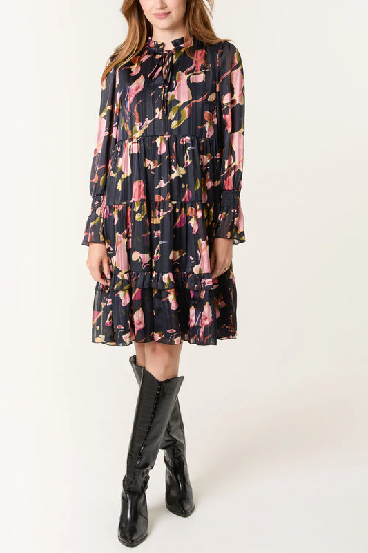 Nova of London Tie Neck Floral Chiffon Smock Dress