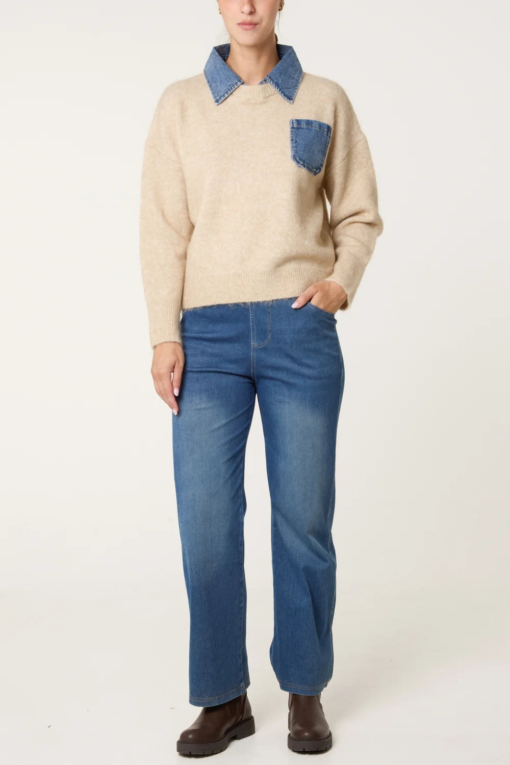Nova of London Front Pocket Denim Collar Jumper