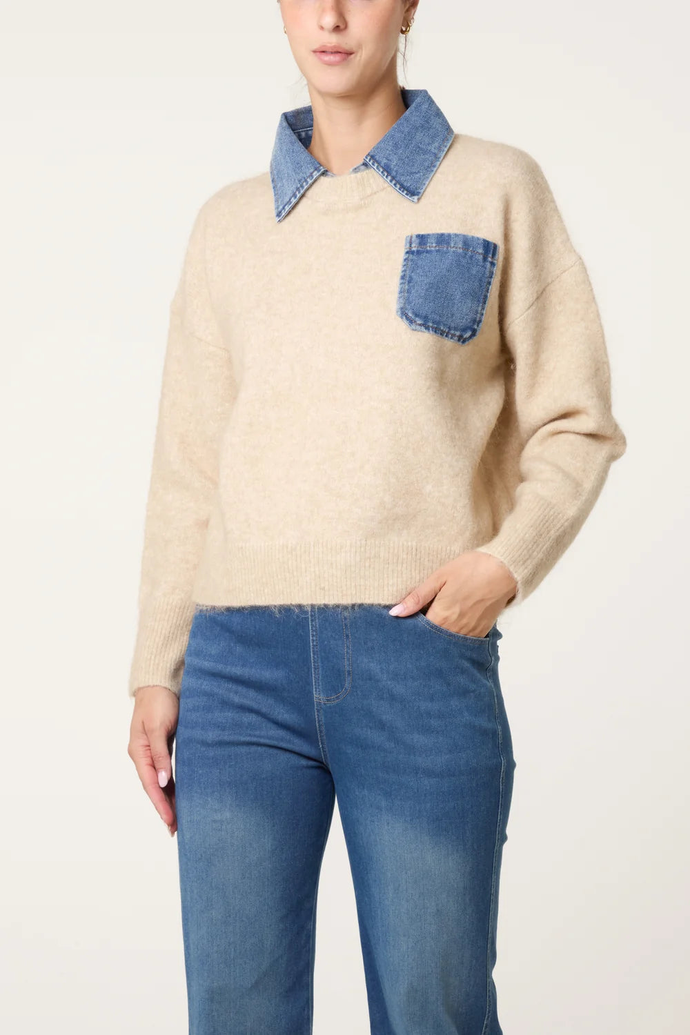 Nova of London Front Pocket Denim Collar Jumper