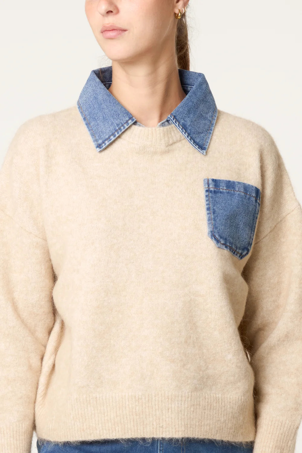Nova of London Front Pocket Denim Collar Jumper