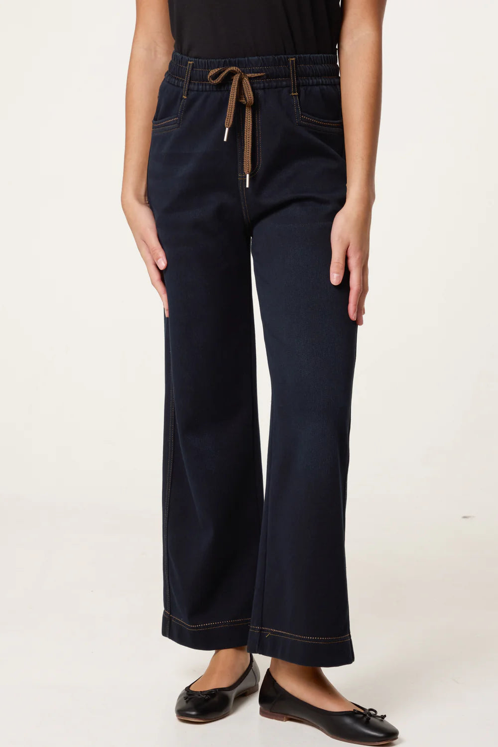 Nova of London Elastic Waist Wide Leg String Jeans