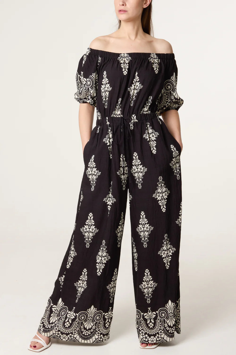 Nova of London Damask Print Bardot Wide Leg Jumpsuit