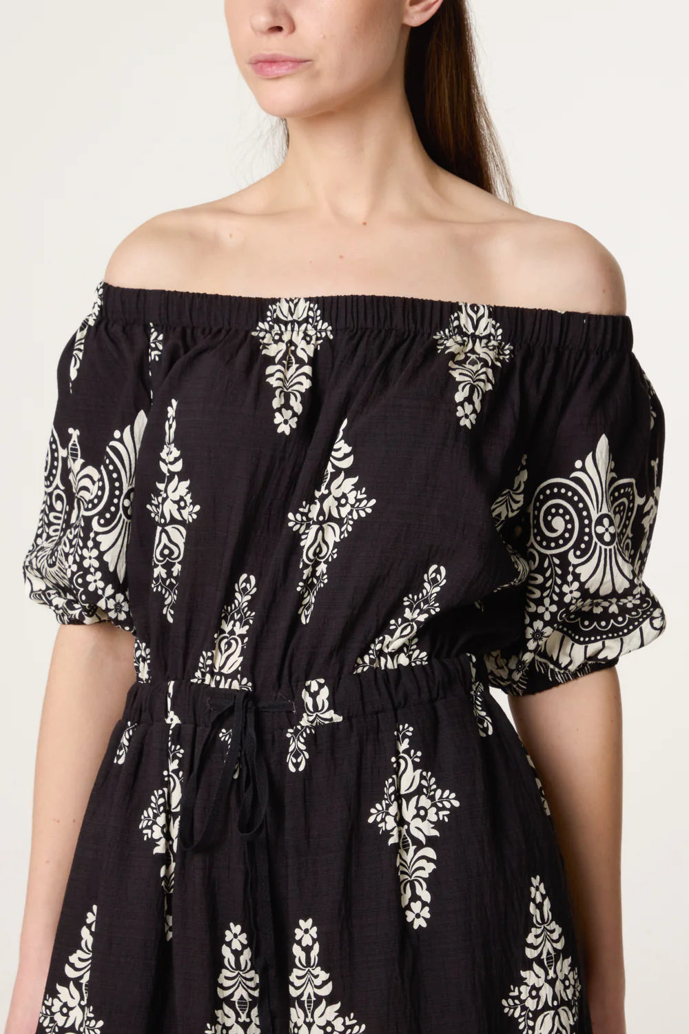 Nova of London Damask Print Bardot Wide Leg Jumpsuit