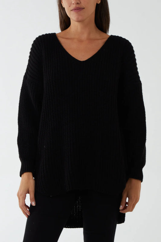 Nova of London Oversized V-Neck Chunky Knit Dip Hem Jumper