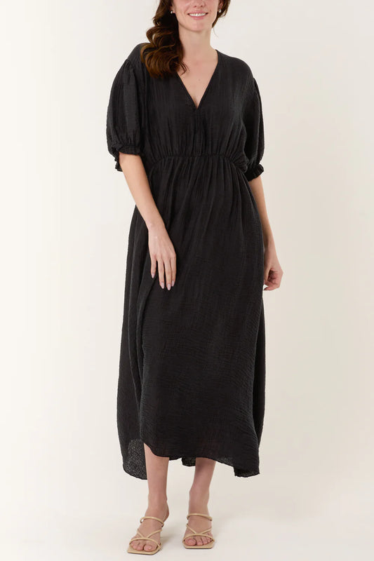 Nova of London Puff Sleeve Crinkle Fabric Dress