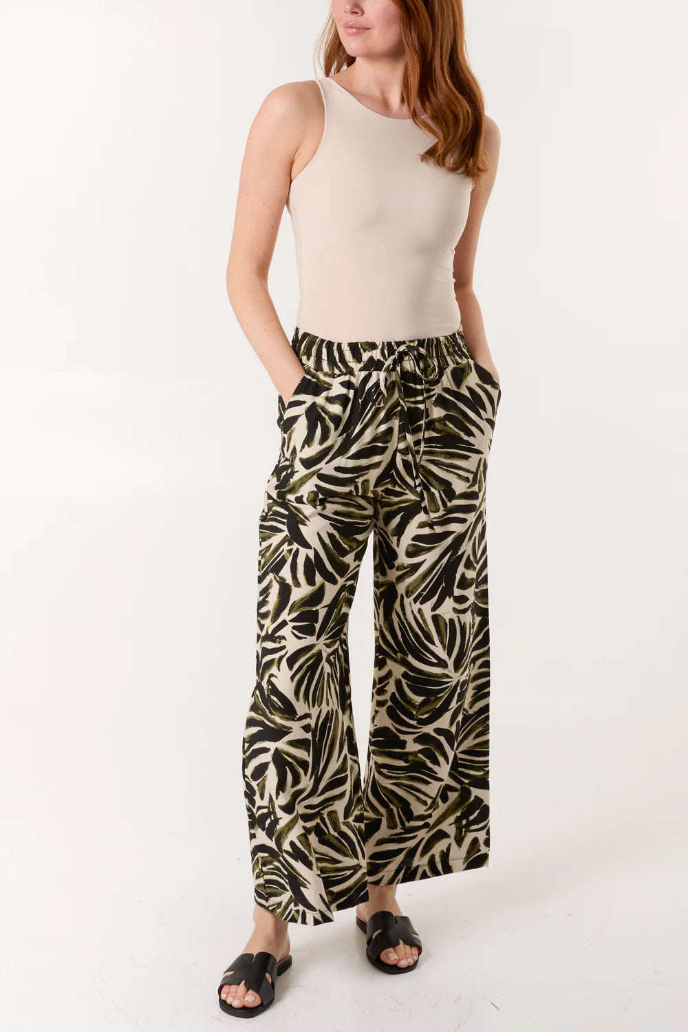 Nova of London Palm Leaf Print Elasticated Wide Leg Trousers