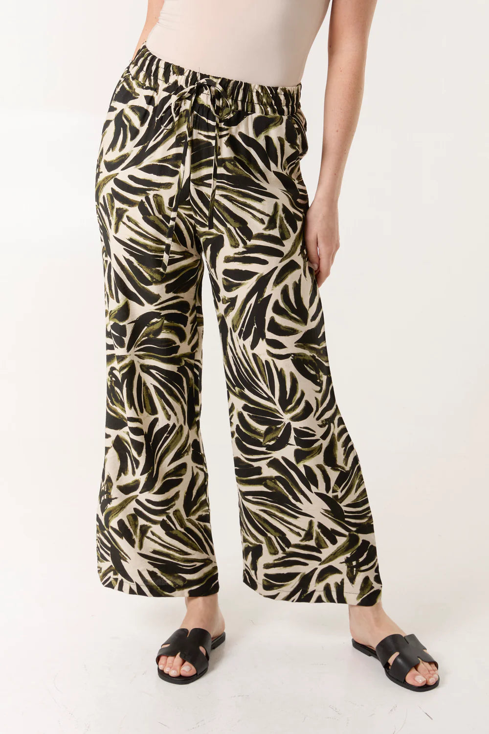Nova of London Palm Leaf Print Elasticated Wide Leg Trousers