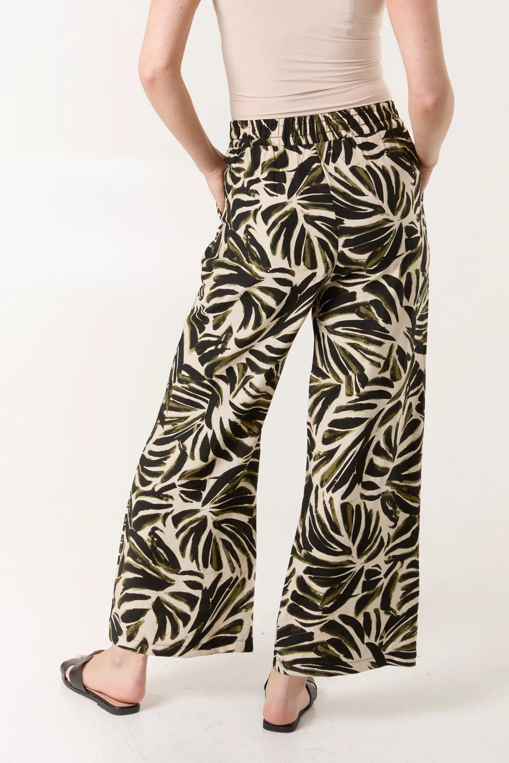 Nova of London Palm Leaf Print Elasticated Wide Leg Trousers