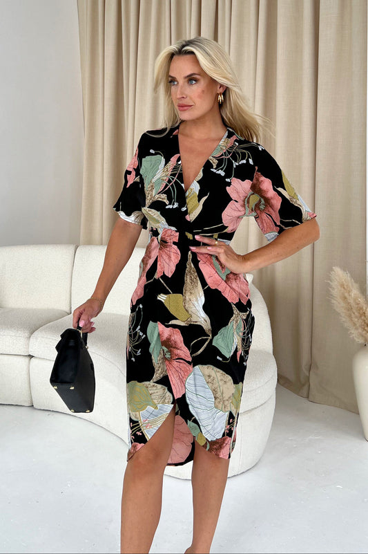 Girl in Mind Chelsea Half Sleeve Wrap Detailing Midi Dress Blush Flower Print