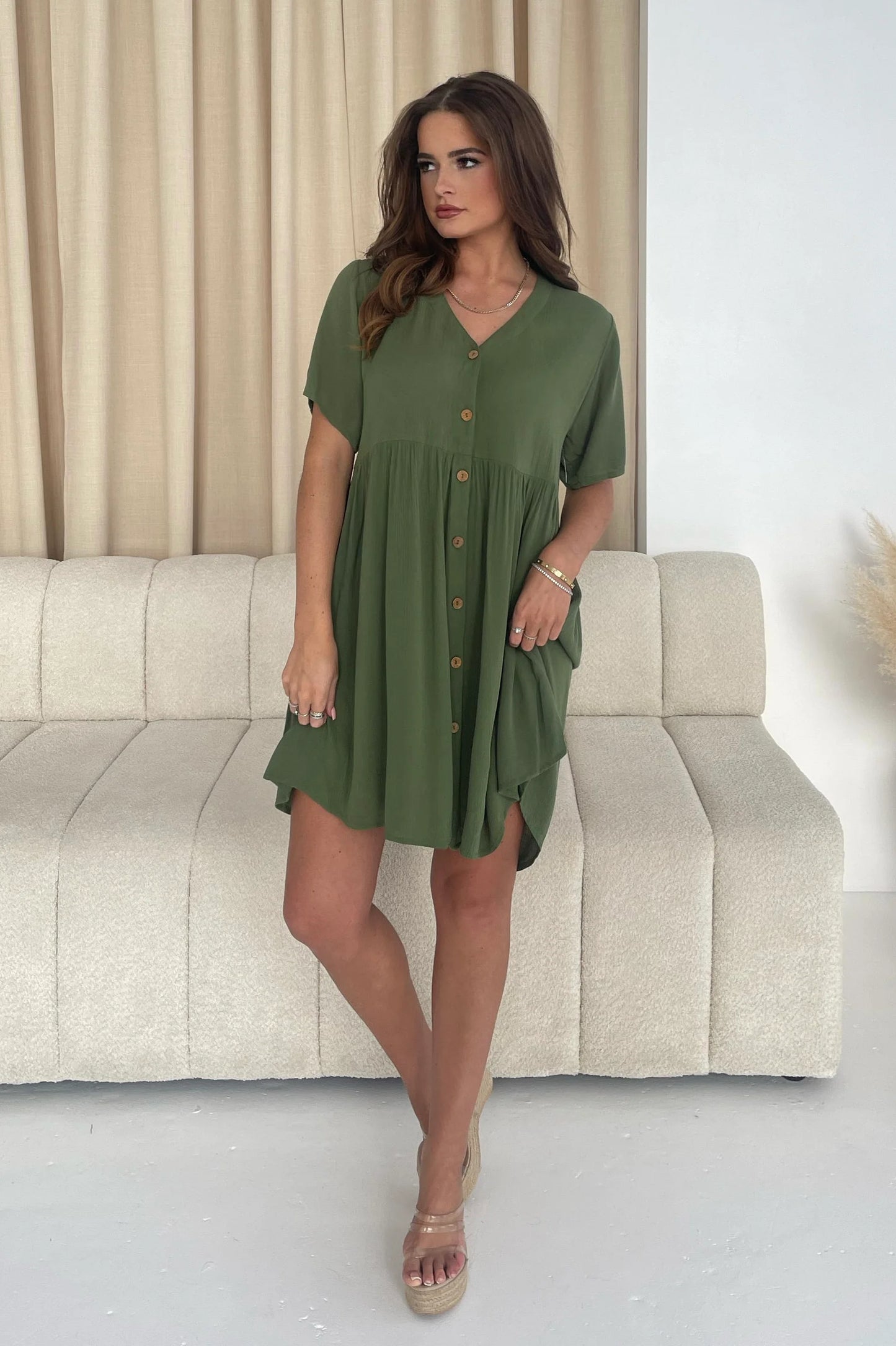 Girl in Mind Georgina Khaki Smock Dress