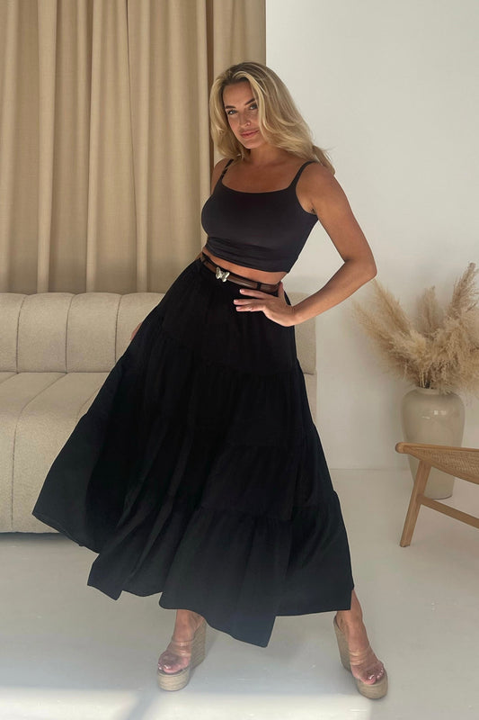 Girl in Mind Catlin Black Tiered Butterfly Belt Maxi Skirt