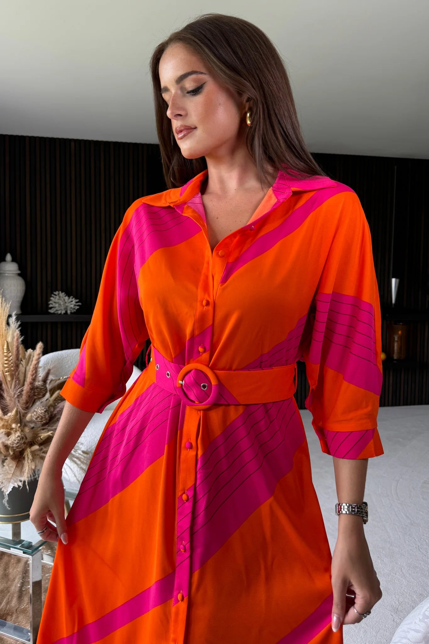 Girl in Mind Adrian Orange Pink Buckle Wrap Shirt Dress