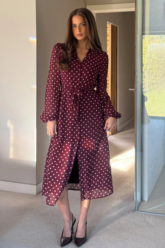 Girl in Mind Kaya Berry Spot Print Midi Shirt Dress